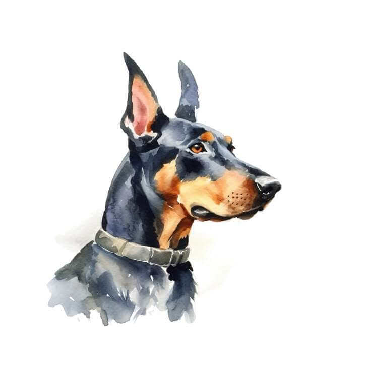 Simple watercolor painting of a Doberman Pinscher dog profile, on a white background