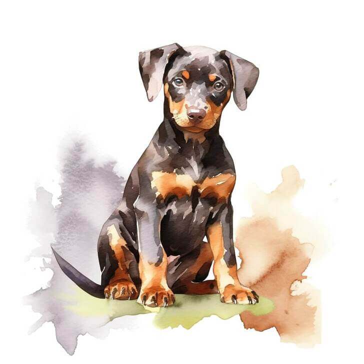 Free clipart of a sitting Doberman Pinscher puppy, with a white and brown background