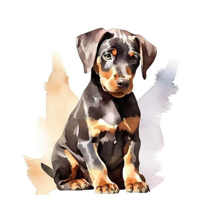 Watercolor painting of a Doberman Pinscher looking down into the distance, with a white background