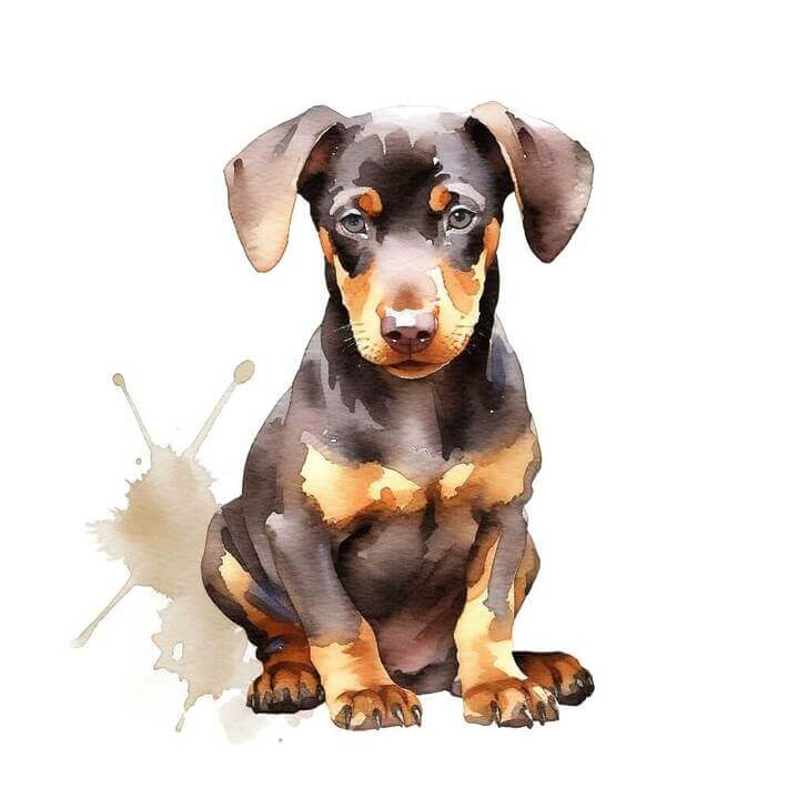 Watercolor full-body painting of a Doberman Pinscher puppy, the puppy is wearing a concerned expression, with a white background