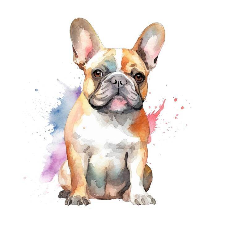 Simple watercolor painting of a French Bulldog, on a white background