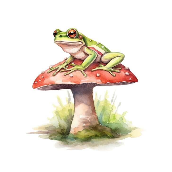 Simple watercolor painting of a frog sitting on a toadstool, on a white background
